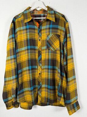Marmot Men XL Flannel Shirt Yellow Blue Plaid Button Up Long Sleeve Cotton Blend